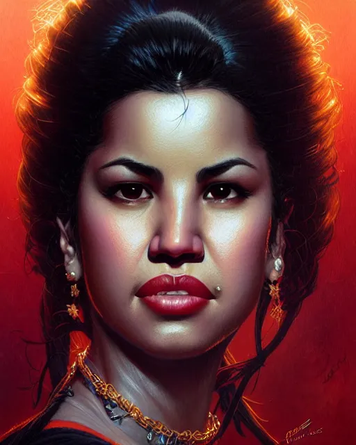 Prompt: selena quintanilla perez, character portrait, portrait, close up, concept art, intricate details, highly detailed by greg rutkowski, michael whelan and gustave dore