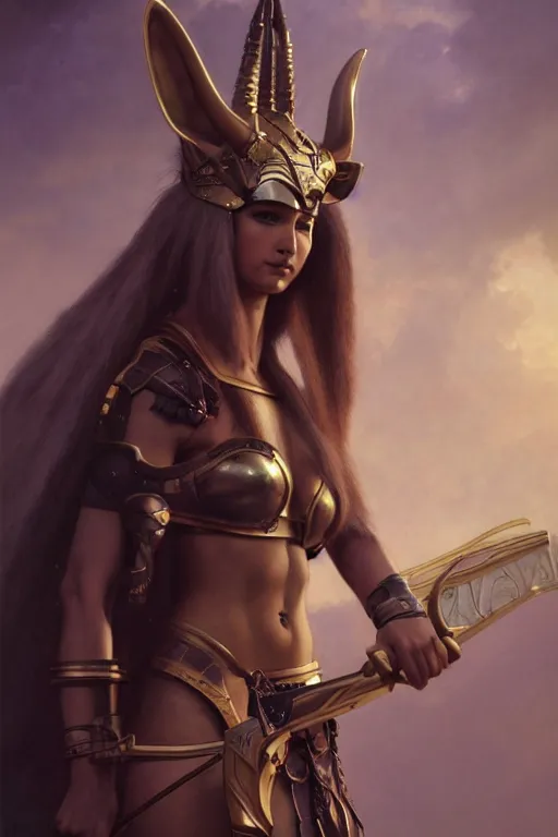 Image similar to Mystical Valkyrie, Portrait of a beautiful female Anubis warrior, Regal, Realistic, Refined, Detailed Digital Art, Oil Painting, William-Adolphe Bouguereau, Art Frahm, Esao Andrews, Steampunk, Walt Disney (1937), Highly Detailed, Cinematic Lighting, Unreal Engine, 8k, HD