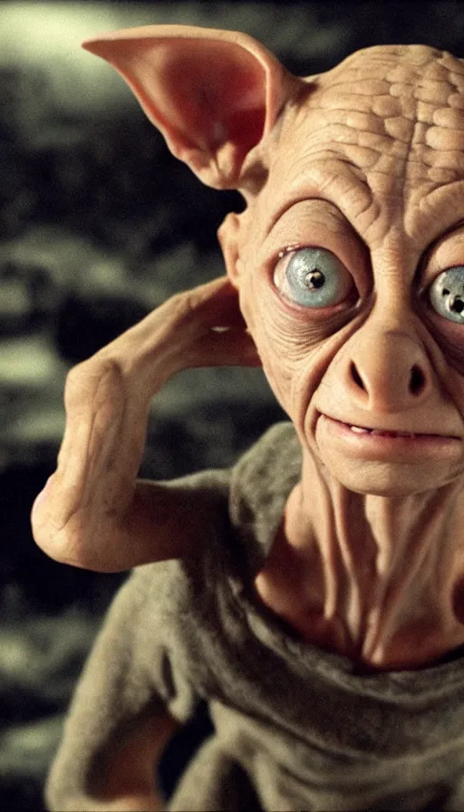 Image similar to dobby gollum, cinema still