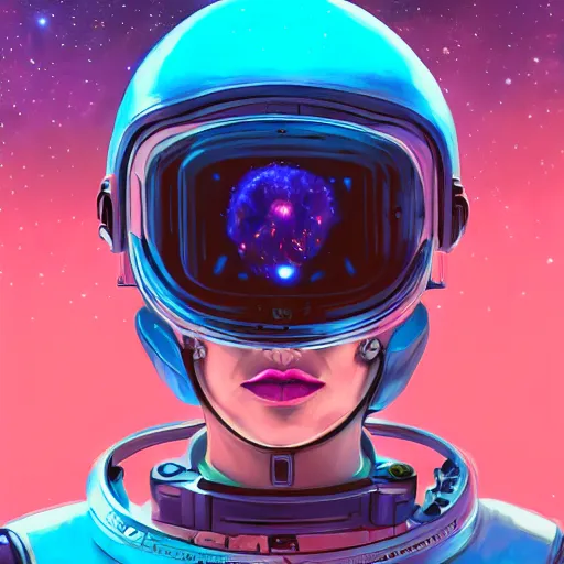 Image similar to colorful character portrait a woman in a space suit among the stars, set in the future 2 1 5 0, highly detailed face, very intricate, symmetrical, cinematic lighting, award - winning, painted by mandy jurgens, pan futurism, dystopian, bold colors, cyberpunk, groovy vibe, anime aesthetic, featured on artstation