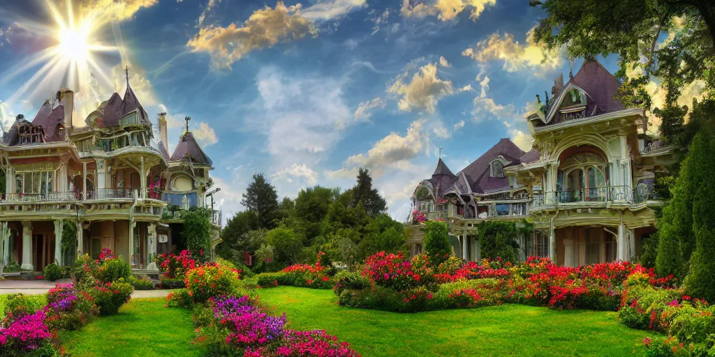 Prompt: art nouveau style mansion, summer clouds, dawn, romantic, bright colors, flowerbeds, vines, god rays, realistic, filmic lighting