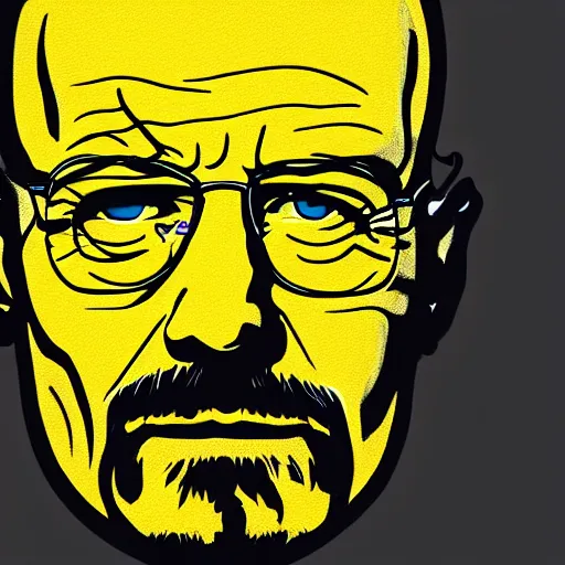 Image similar to multicolor 3 d render of walter white graffiti wearing yellow outfit by roy lichtenstein in 4 k ultra high resolution, with depressive feeling