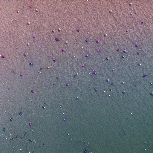 Prompt: aerial view of children and women corpses swimming in an iridescent tide oil slick at the edge of a disaused factory faded, depth of field, ultra realistic, very detailed, glitch, by nadav kander, 8 k hyper realistic detailed cinematic