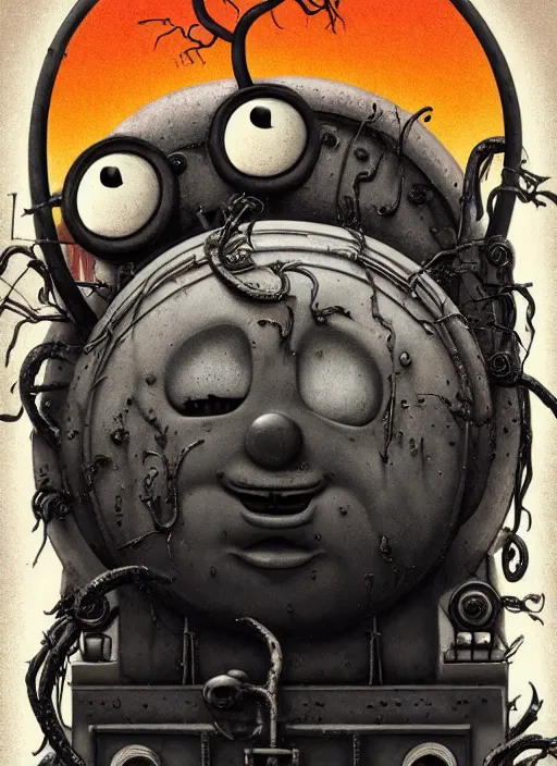 Image similar to thomas the tank engine in style of zdzisław beksinski, extremely dramatic lighting, 8 k, tendrils, black, darkness, black slime tendrils, infected, rust, body horror, thomas the train, thomas the tank engine face, horror,