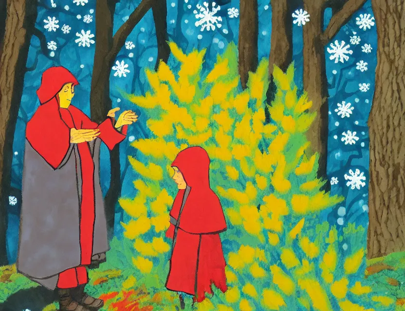 Image similar to flower priest of winter woods. gouache, limited palette with complementary colors, children's cartoon, backlighting, bold composition, depth of field.