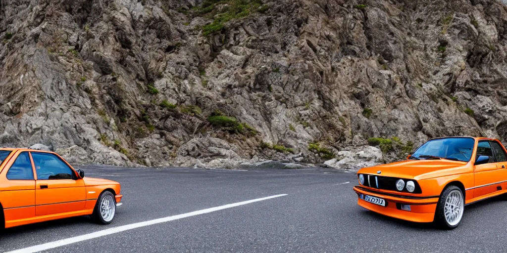 Image similar to orange bmw e30 m3 driving off a cliff into the ocean