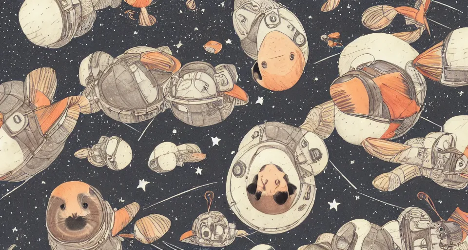 Prompt: back view of many baby guineapigs on the cover of vogue magazine flying in space suits, deep dark universe, twinkling and spiral nubela, warmhole, beautiful stars, 4 k, 8 k, by hokusai, samurai man vagabond, detailed, editorial illustration, matte print, concept art, ink style, sketch, digital 2 d