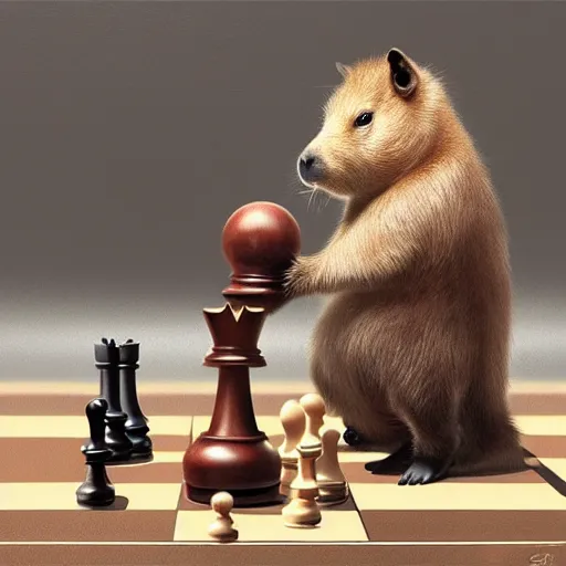 Prompt: detailed photorealistic painting of a cute capybara holding a chess pawn, sharp focus in the style of ruan jia, Mandy jurgens, cinematic light, concept art, trending on artstation, ultra realistic