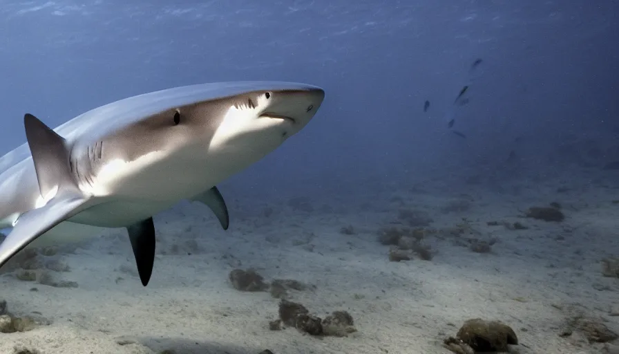 Image similar to james cameron movie about a white pointer shark