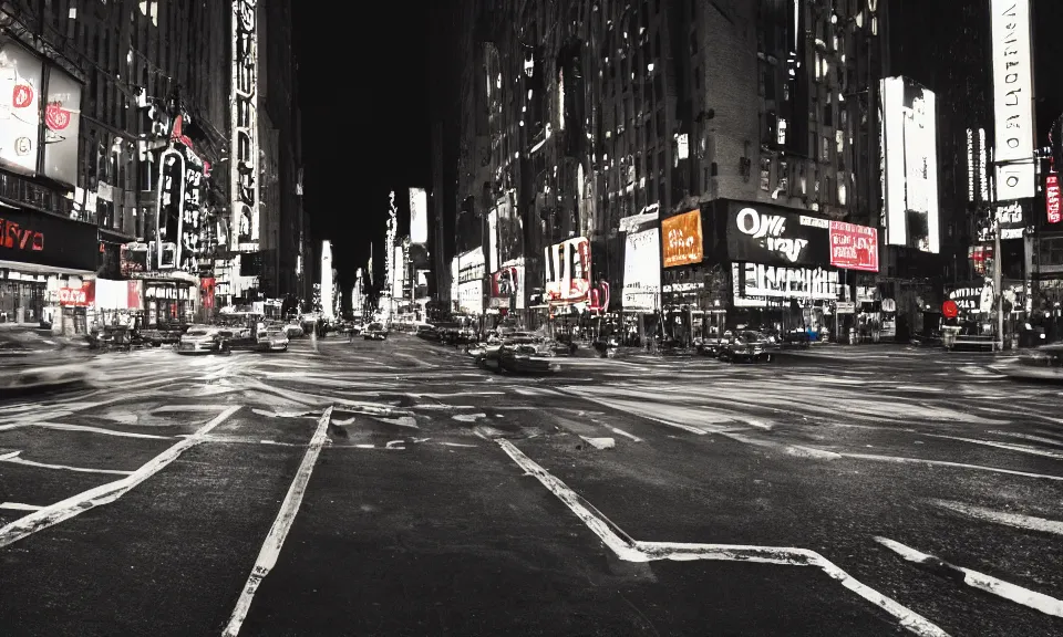 Image similar to photo of the streets of new york city at night, 4k, grainy, film photography