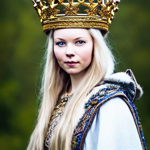 Image similar to photo of a real-life very beautiful nordic princess with an ornate cloak and crown, highly detailed