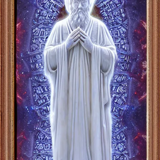 Prompt: white crystal statue carving of a supreme court judge, religious imagery, islamic pattern art, fractals, galaxy, impressionism painting, john blanche, muted colors, tarot card