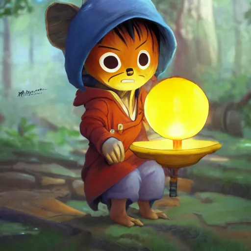 Prompt: concept art painting of an anthropomorphic luffy chipmunk wearing a yellow cloak, holding a lantern, in the deep forest, realistic, detailed, cel shaded, in the style of by isaac asimov and marc simonetti and makoto shinkai and greg rutkowski and james gurney