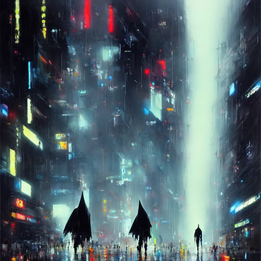 Prompt: painting of an android wearing a cape, standing in the streets of a rainy cyberpunk city, walking towards camera, low angle, fog, wide angle, by John Berkey, trending on art station