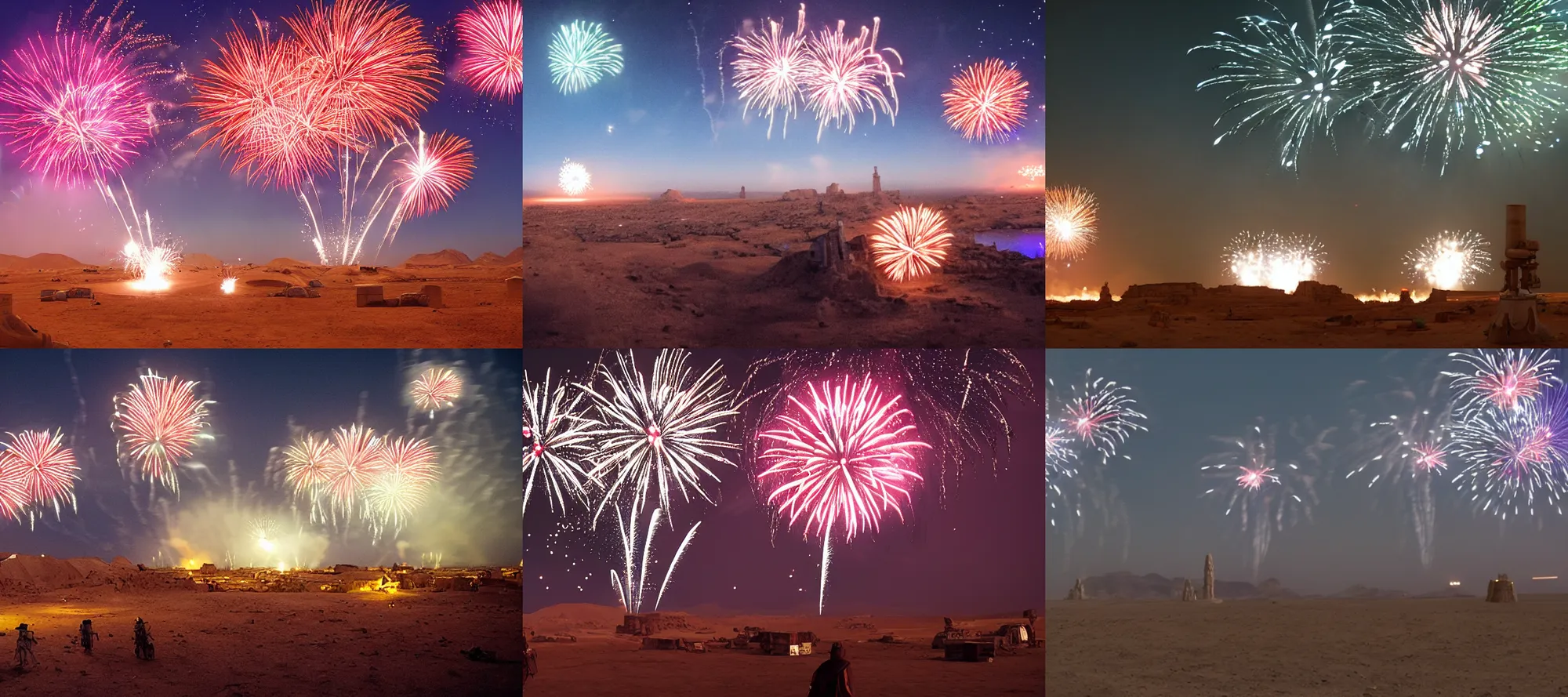 Prompt: fireworks over mos eisley