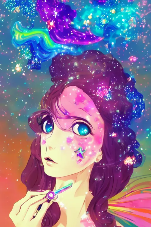Image similar to psychedelic, whimsical, anime, 4k, beautiful intimate woman blowing smoke, with professional makeup, long trippy hair, a crystal and flower dress, sitting in a reflective pool, surrounded by gems, underneath the stars, rainbow fireflies, trending on patreon, deviantart, twitter, artstation, volumetric lighting, heavy contrast, art style of Ross Tran and Ilya Kuvshinov