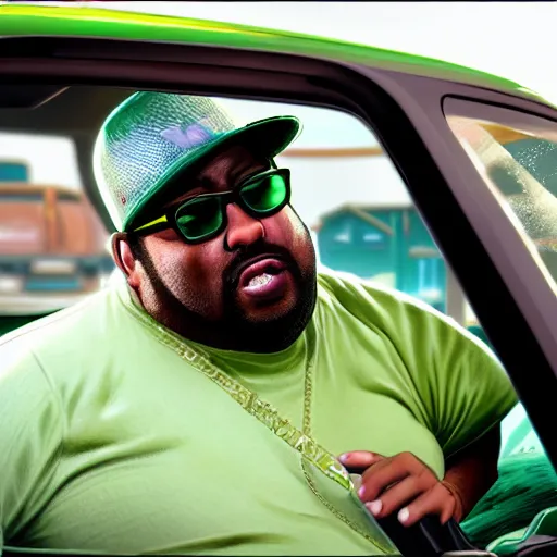 Prompt: hyper detailed digital painting of fat big smoke from gta : san andreas wearing a green fedora and green shirt in a car ordering food at a drive - thru, exaggerated expression, sunlight rays peering through, trending on artstation, intricate, smooth, sharp focus, beautiful shadows and lighting, studio quality, octane render, 8 k