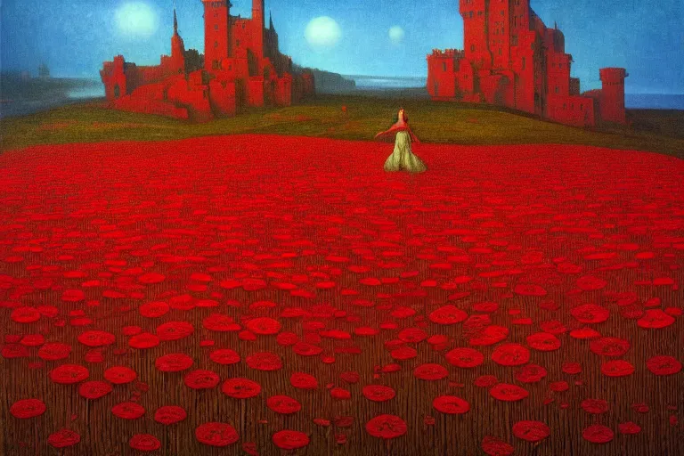 Image similar to only with red, red flowers of different types, a castle in the background, red orcs and trolls dance over the flowers, in the style of beksinski, part by hopper, part by rodcenko, part by hofbauer, intricate composition, red by caravaggio, insanely quality, highly detailed, masterpiece, red light, artstation