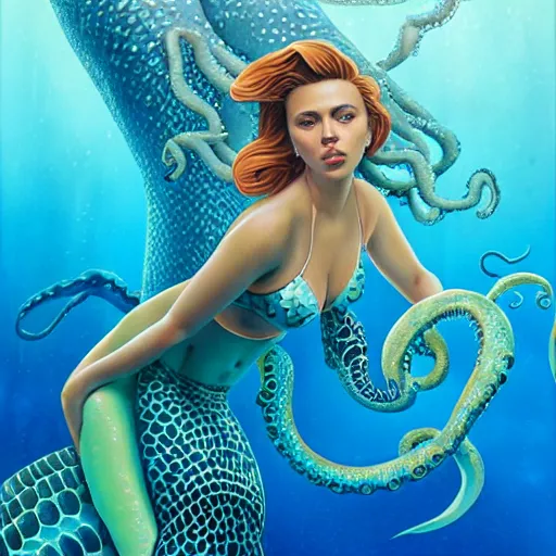 Image similar to lofi underwater mermaid portrait of scarlett johansson in swimsuit with a giant octopus, Pixar style, by Tristan Eaton Stanley Artgerm and Tom Bagshaw.