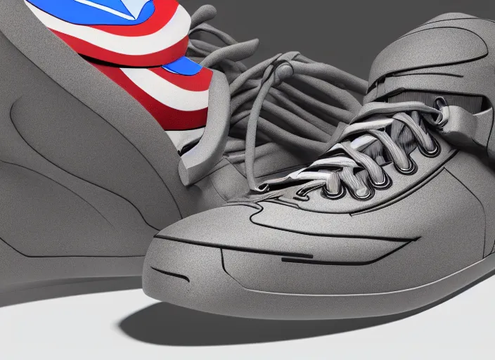 Image similar to sneakers of captain america by tim burton, view from the side, render, cinema 4 d, octane render