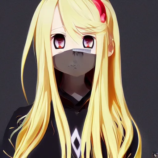 Image similar to advanced digital anime art, female teen with red eyes and blonde / yellow hair that is to neck length wearing a dark grey school outfit. drawn by Shikamimi, WLOP,rossdraws