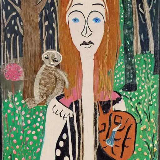 Prompt: In the photograph Vasilisa can be seen standing in the forest, surrounded by animals. She is holding a basket of flowers in one hand and a spindle in the other. Her face is turned towards the viewer, with a gentle expression. In the background, the forest is depicted as a dark and mysterious place. by Jean Dubuffet, by Kevin Sloan dynamic, geometric