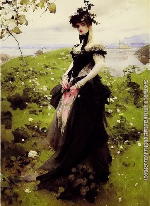 Prompt: gothic princess in baroque dress in a scenic environment. by anders zorn * *