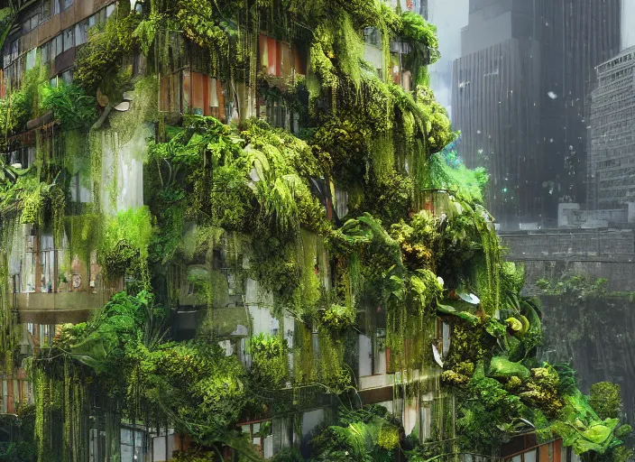 Prompt: overgrown foliage overtaking tall buildings, underwater environment, storefronts, coral, scenery, professional, award - winning, trending on artstation, detailed, realistic, beautiful, emotional, shiny, golden, picture