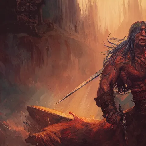 Prompt: painting of a Conan the barbarian, illustration, artistic, colorful, hyper detailed, in the style of Greg Rutkowski