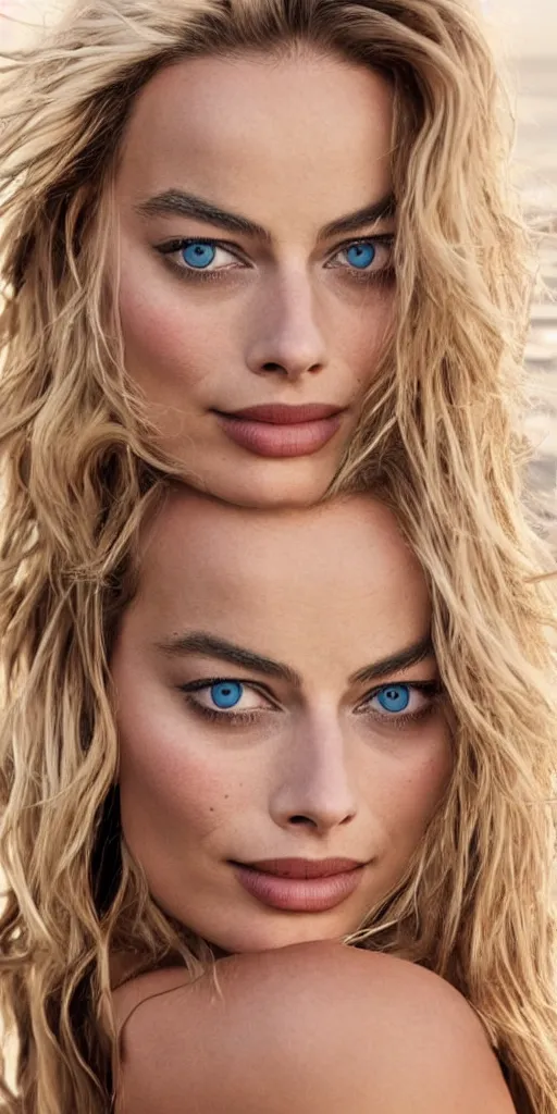 Image similar to margot robbie wearing a bikini on the beach, beautiful eyes, photography, studio lighting