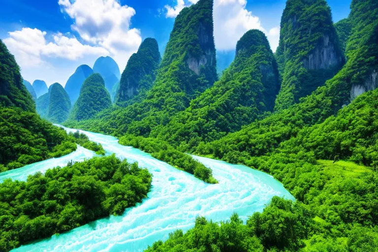 Image similar to wide, lush scenic landscape, grand majestic mountains, valley, river, karst chinese limestone mountains, blue sky, white clouds, professional photography, realistic, highly detailed, 8 k