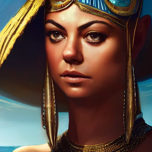 Image similar to closeup portrait of a mila kunis leigh as cleopatra, palace background, dramatic light, gorgeous view, depth, high detail, digital art, painted by greg rutkowski, trending on artstation