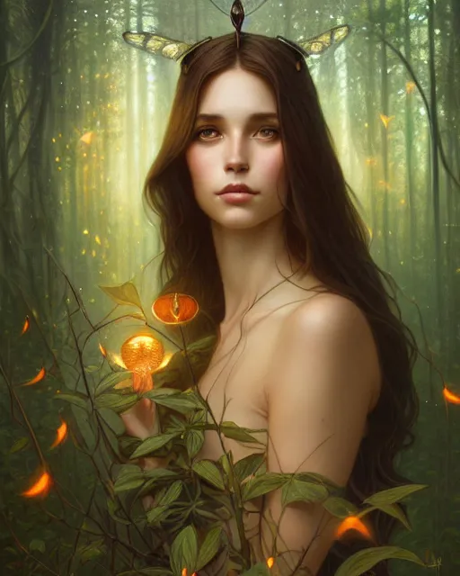 Prompt: symmetry portrait of brunette princess, glam, fae, fireflies, forest background, intricate, elegant, highly detailed, digital painting, artstation, concept art, smooth, sharp focus, illustration, art by artgerm and greg rutkowski and fra angelico and alphons mucha