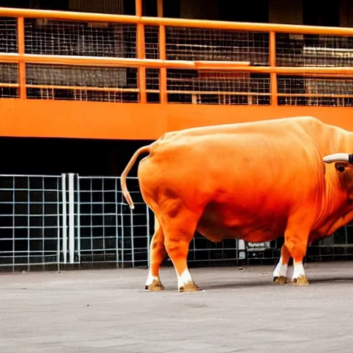 Image similar to bull in a bullring wearing orange inmate clothes