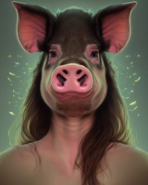 Prompt: portrait of a cute female pig, bioluminescent, veins, horror, scared, highly detailed, digital painting, cinematic, hyperrealism, dark retrowave, art by stanley lau and artgerm and magali villeneuve and alphonse mucha, artstation, octane render, cgsociety