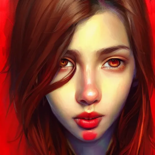 Image similar to colorful and festive captivating teenager with straight brown hair covering his eye, dark skin, big lips, big eyes, wearing a red t - shirt. rich vivid colors, ambient lighting, dynamic lighting, 4 k, atmospheric lighting, painted, intricate, highly detailed by charlie bowater