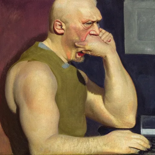 Image similar to angry scottish man at computer, detailed, ray tracing, 4 k, by paula modersohn - becker