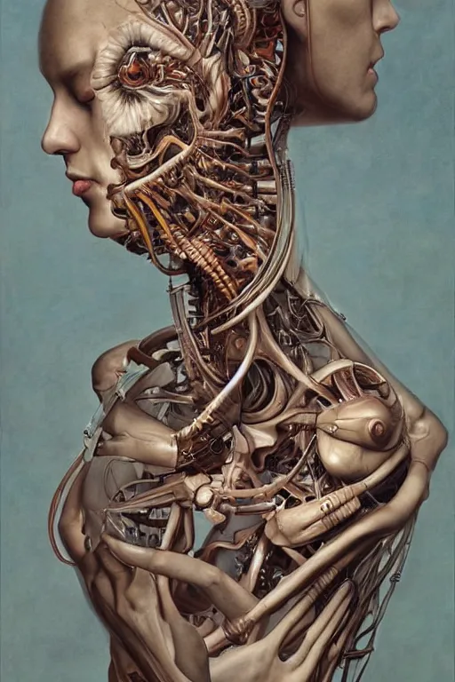 Prompt: beautiful portrait of biomechanical being by marco mazzoni, otomo katsuhiro, remnev andrey, detailed, realistic skin color