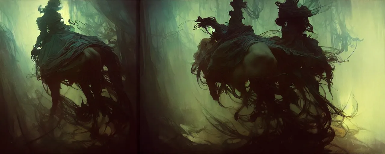 Image similar to several renditions of Stańczyk by Jan Matejko, intricate concept art, ethereal, ominous, dramatic lighting, Ruan Jia and Jeremy Mann and Alphonse Mucha