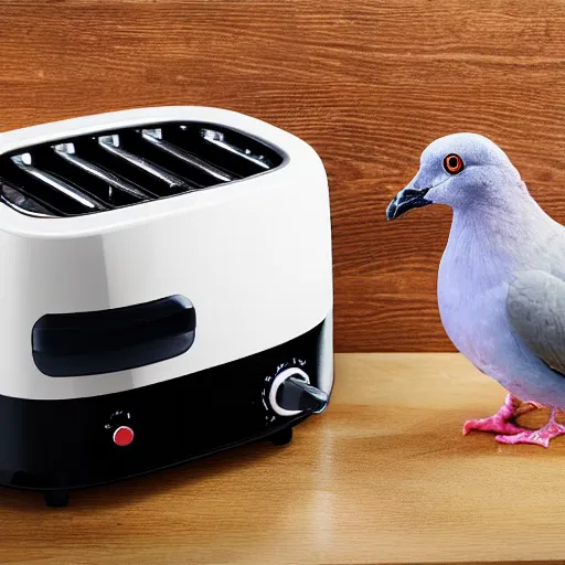 Prompt: toaster with the head of a pigeon stuck to the front of it