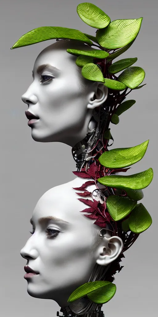 Image similar to complex 3d render ultra detailed of a beautiful porcelain profile woman face, mechanical vegetal cyborg, robotic parts, 150 mm, beautiful studio soft light, 3 point lighting, spot light, rim light, silver gold red details, luxurious, high tech gadget, cyberpunk, magnolia big filigran leaves and stems, roots, Alexander Mcqueen haute couture, fine foliage lace, lumiol, mesh wire, filigran metallic intricate details, hyperrealistic, mandelbrot fractal, anatomical, silver metal armor, facial muscles, cable electric wires, microchip, elegant, beautiful background, beautiful white teeth, octane render, H.R. Giger style, 8k