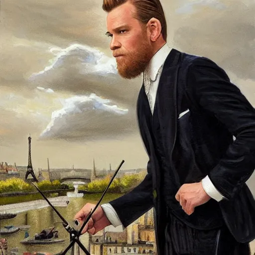 Image similar to mcgregor is dressed as a gentleman at early 2 0 th century paris. he is watching an easel. that easel has a canvas on it. ewan mcgregor has a brush on his hand. he is painting a painting. on background has river seine, morning sun, dark clouds, lightning, dc comics