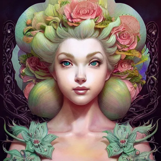 Image similar to a beautiful detailed front view portrait of princess peach with ornate growing around, ornamentation, flowers, elegant, beautifully soft lit, by wayne barlowe, peter mohrbacher, kelly mckernan,