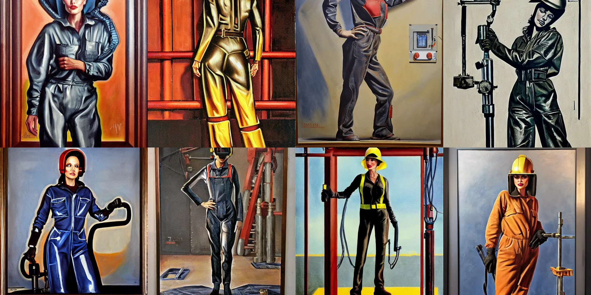 Prompt: symmetrical oil painting of full - body angelina jolie in steelworker welder costume by percevel rockwell - from 1 9 4 0 s