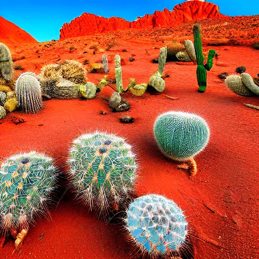 Prompt: walking in an isolated red desert, cactus, rocks, highly detailed, awarding winning photography, sunset, scorpion, rattlesnake