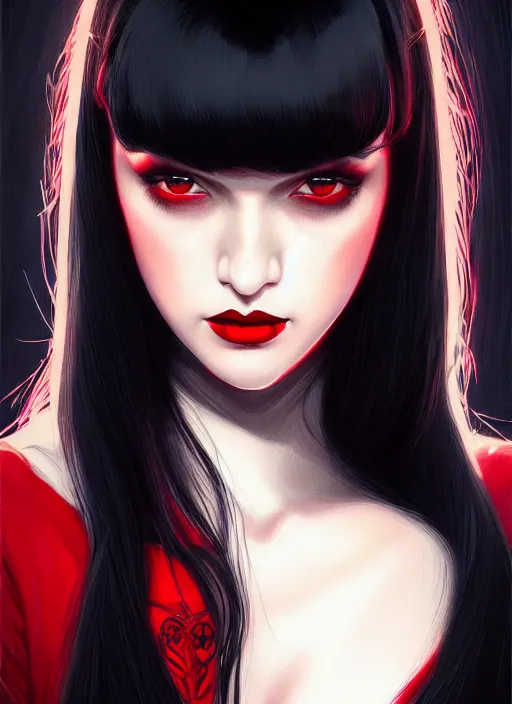 Image similar to portrait of vampire veronica lodge with bangs, vampire fangs, vampire, long hair, red clothes, bangs, vampironica, intricate, elegant, glowing lights, highly detailed, digital painting, artstation, concept art, smooth, sharp focus, illustration, art by wlop, mars ravelo and greg rutkowski