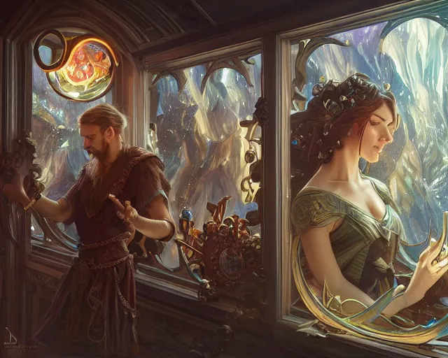 Prompt: shop window for magical rings, close up ring, magic ring, deep focus, d & d, fantasy, intricate, elegant, highly detailed, digital painting, artstation, concept art, matte, sharp focus, illustration, hearthstone, art by artgerm and greg rutkowski and alphonse mucha