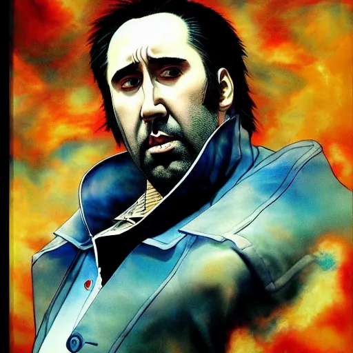 Prompt: prompt : nicolas cage portrait soft light painted by james jean and katsuhiro otomo and erik jones, inspired by evangeleon anime, smooth face feature, intricate oil painting, high detail illustration, sharp high detail, manga and anime 1 9 9 9