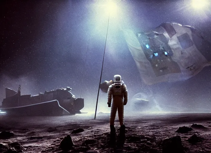 Image similar to astronaut holding a flag in an underwater desert. a submarine is visible in the distance. dark, concept art, cinematic, dramatic, atmospheric, 8 k, trending on artstation, blue, fish, low visibility, fog, ocean floor, christopher nolan, interstellar