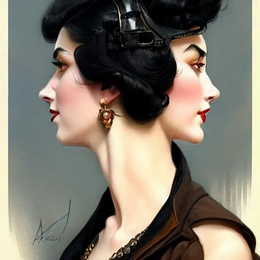 Prompt: a portrait of a woman with black hair, dressed in 1940's fashion, D&D, fantasy, intricate, elegant, highly detailed, digital painting, artstation, concept art, matte, sharp focus, illustration, art by Artgerm and Greg Rutkowski and Alphonse Mucha